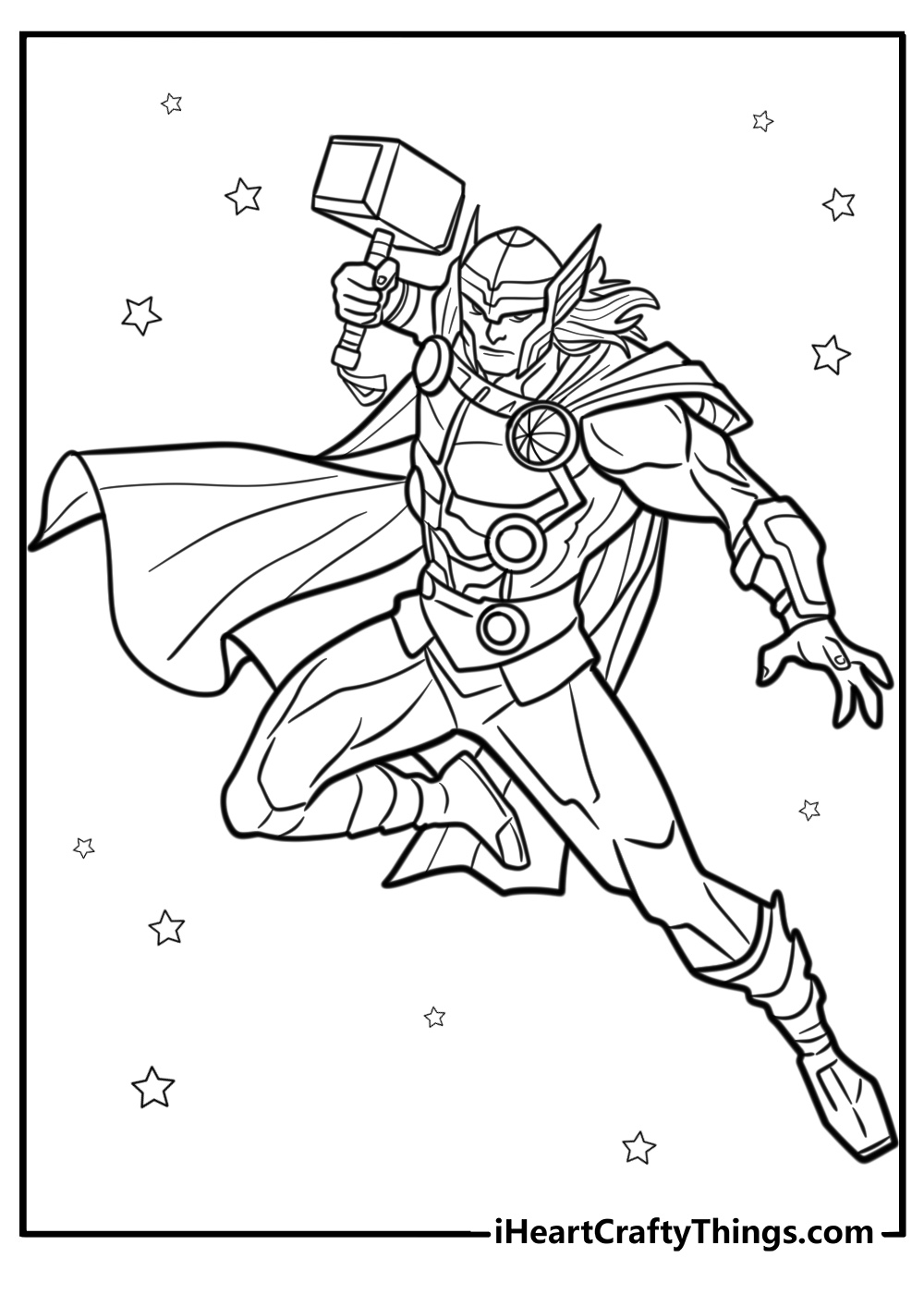 Thor with his cape flowing detailed coloring sheet