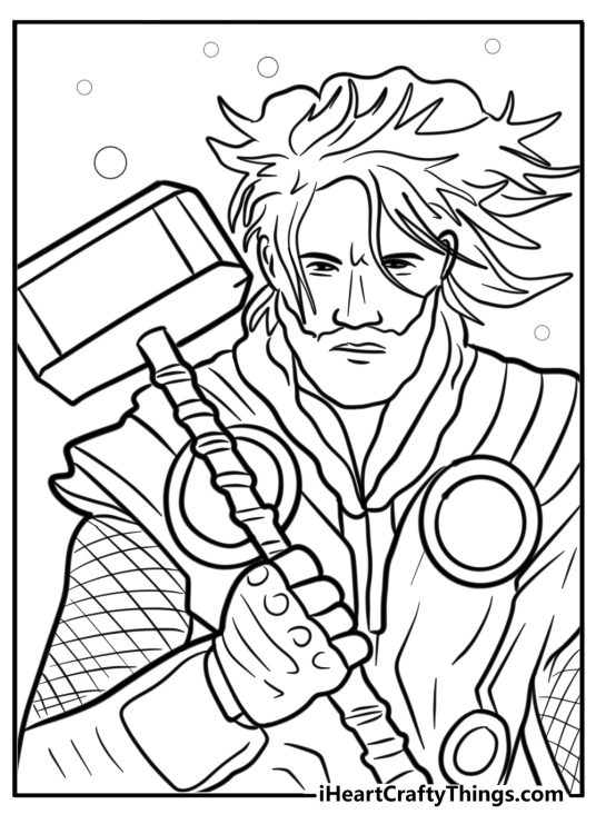 Thor with his long hair flowing printable coloring page