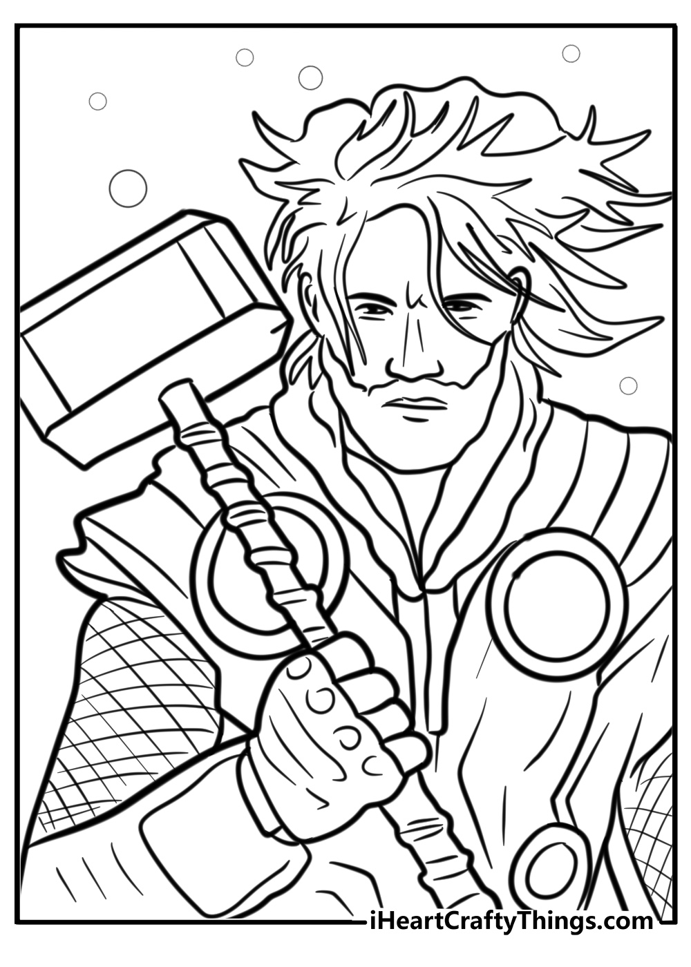 Thor with his long hair flowing printable coloring page