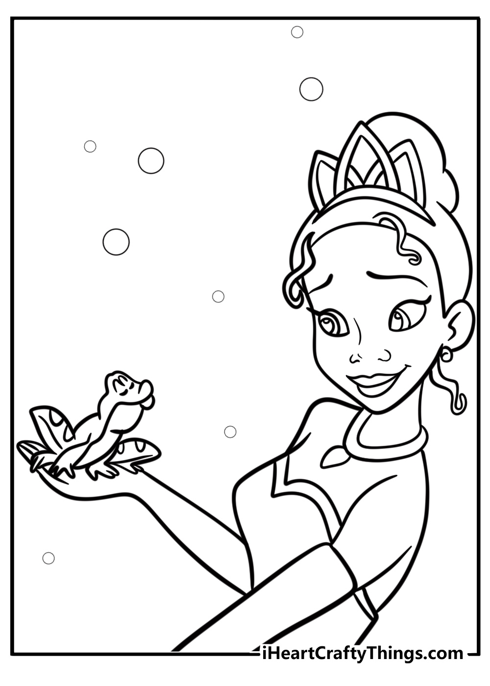 Tiana holding a frog coloring page for kids