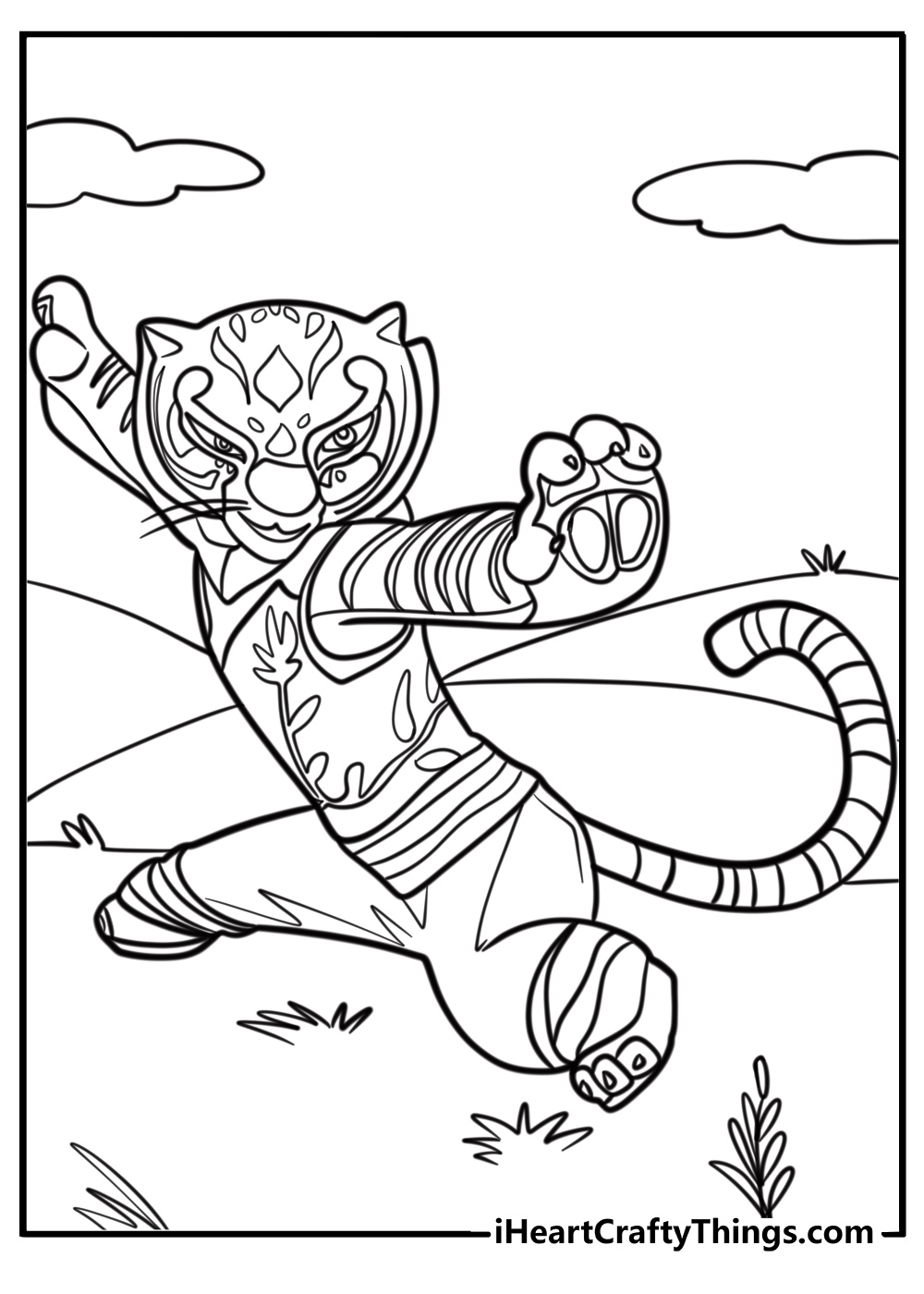 Tigress in action with kung fu moves detailed coloring sheet