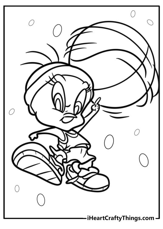 Tweety bird with a basketball fun coloring sheet for kids