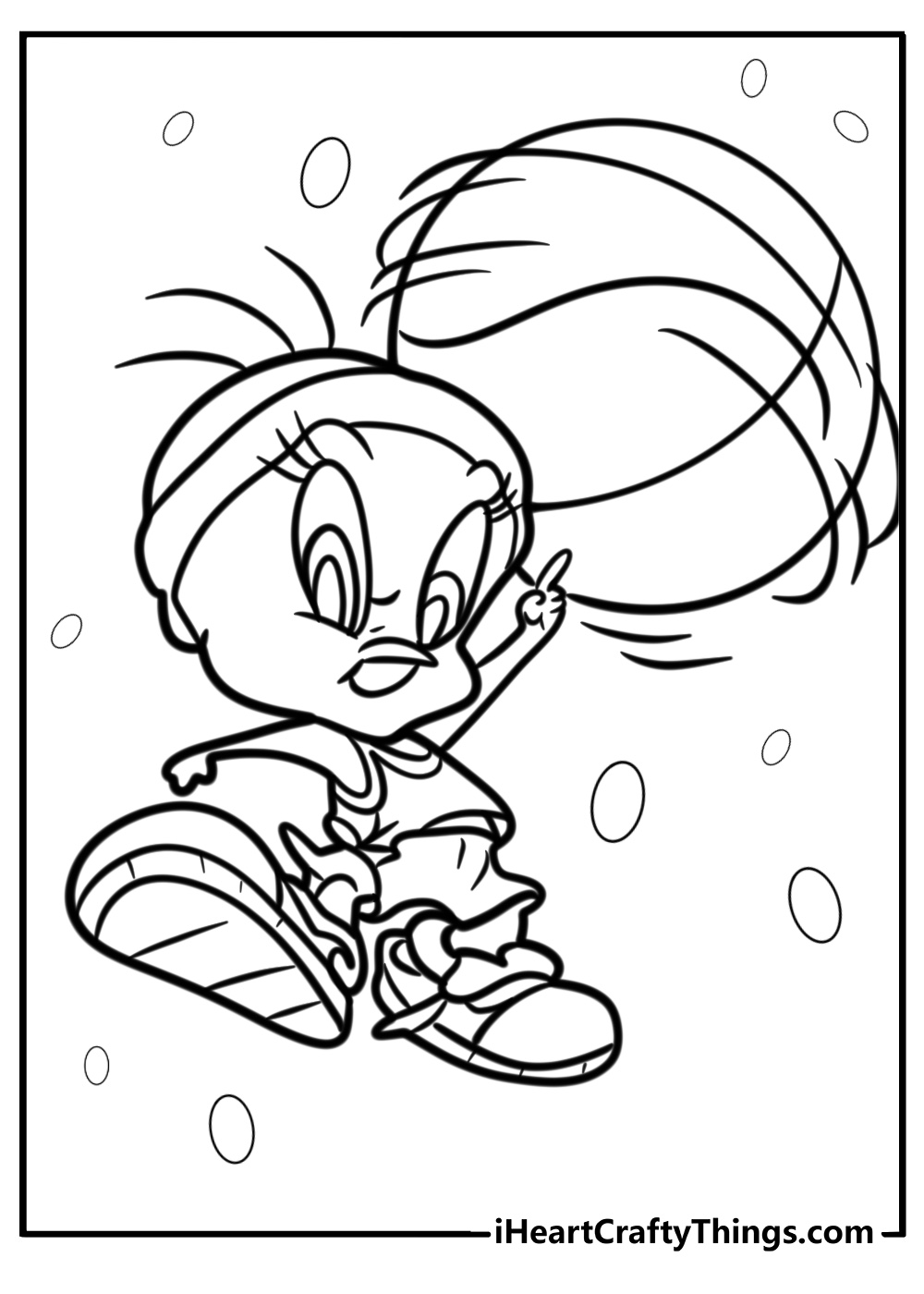 Tweety bird with a basketball fun coloring sheet for kids