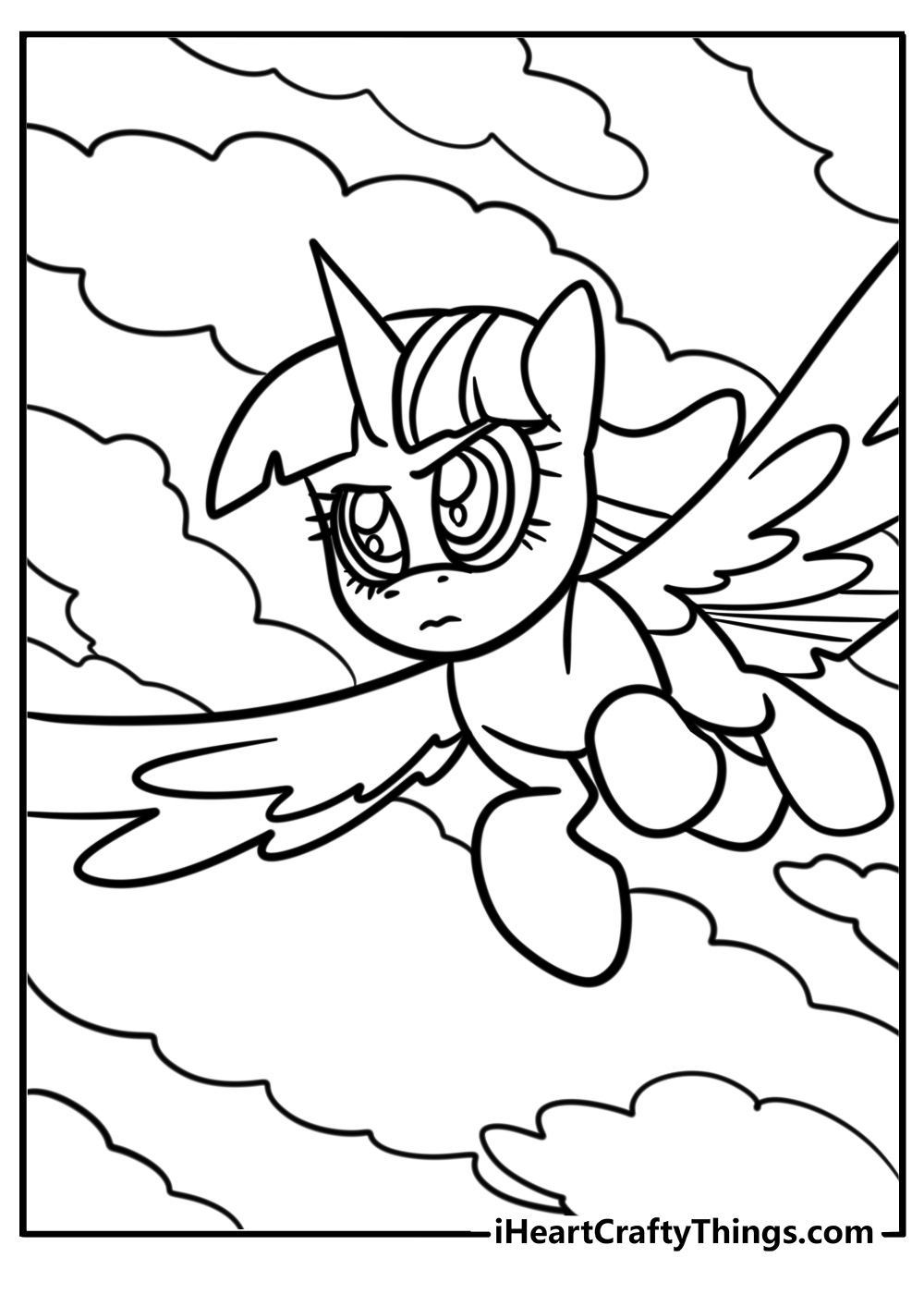 Twilight sparkle flying through the sky detailed coloring sheet