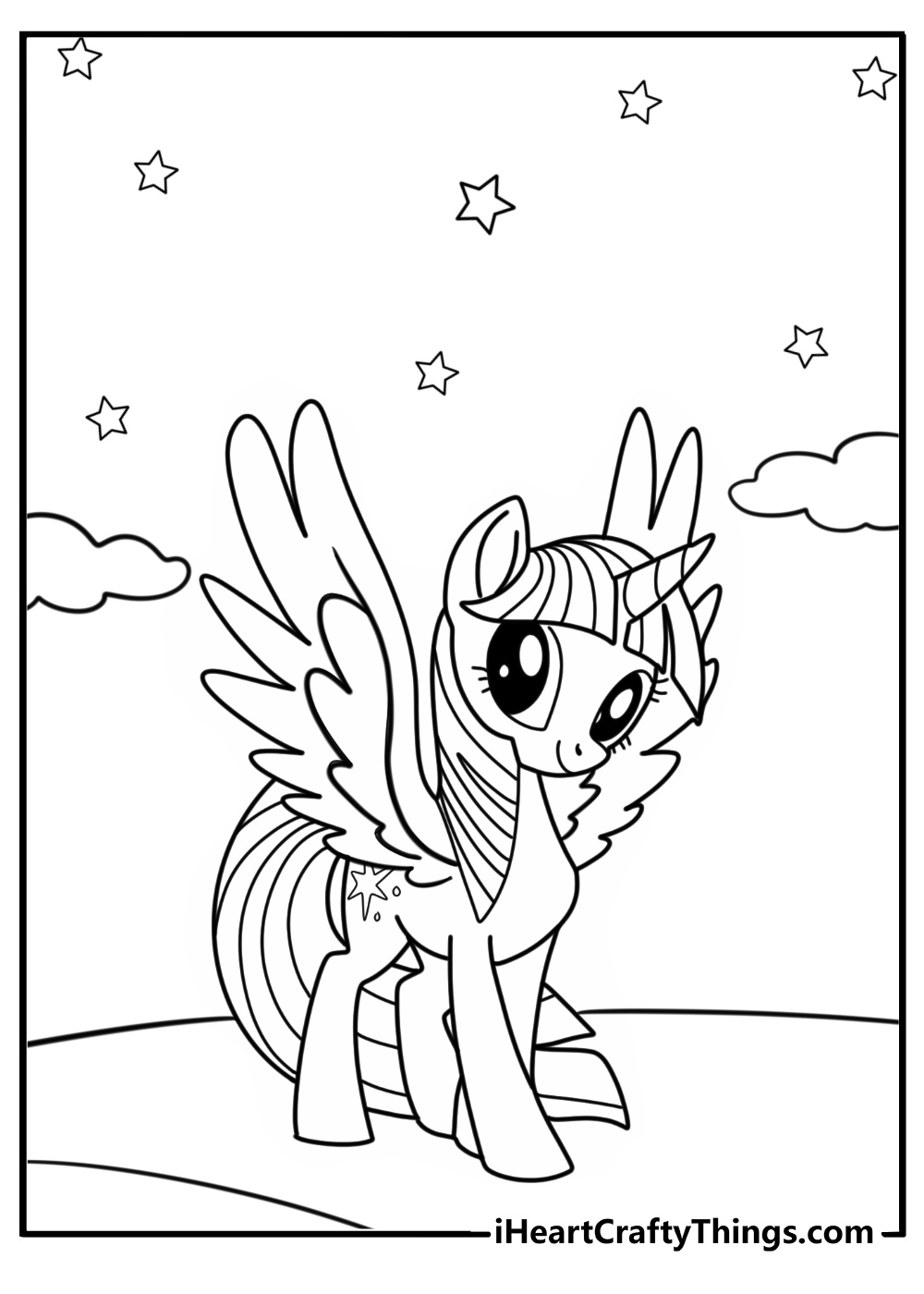 Twilight sparkle standing under the stars free coloring page