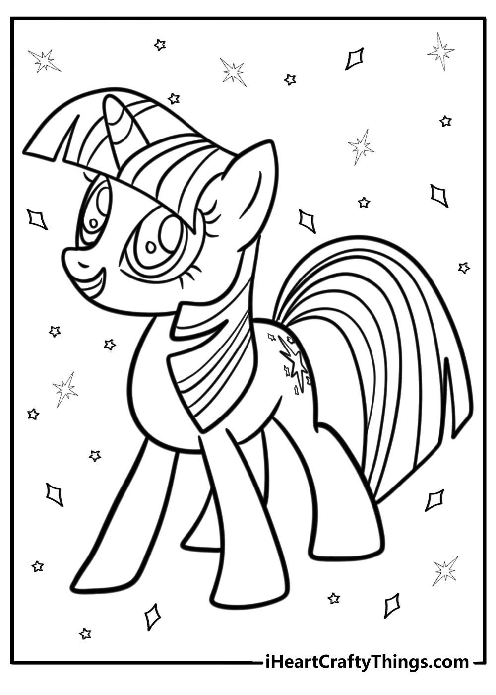 Twilight sparkle surrounded by sparkles detailed coloring sheet