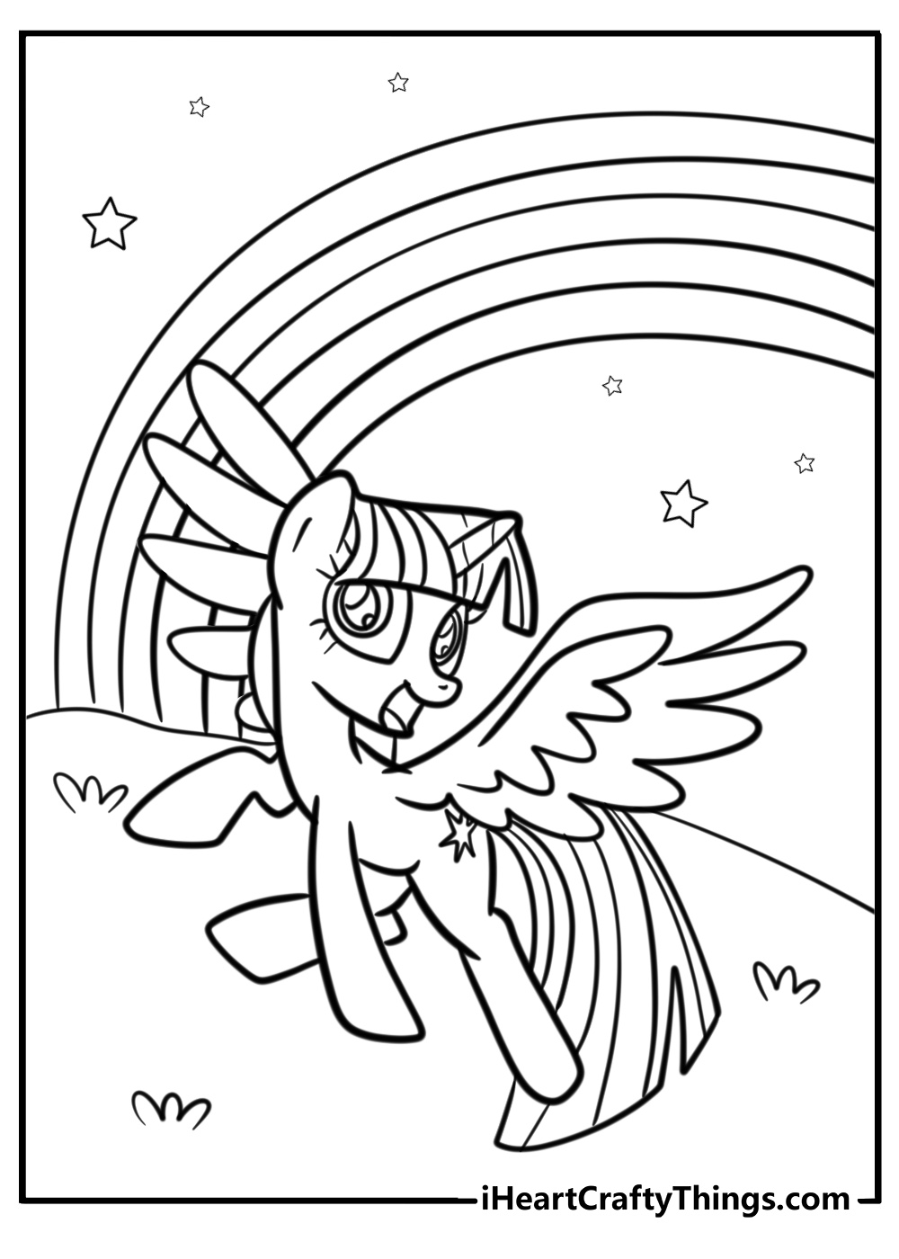 Twilight sparkle with a rainbow background printable coloring page