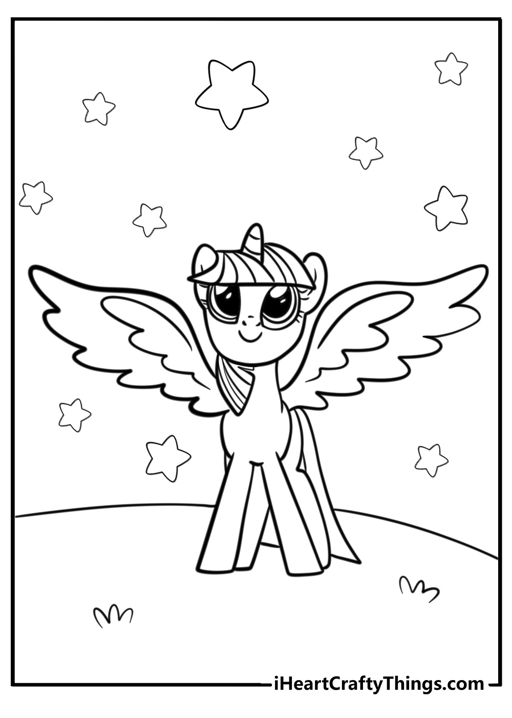 Twilight sparkle with stars around her detailed coloring sheet