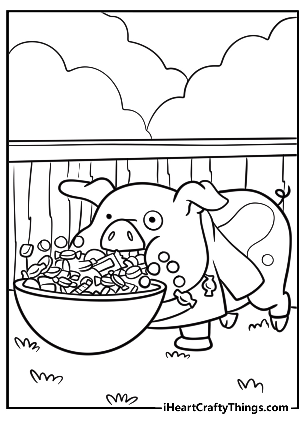 Waddles eating from a bowl free coloring page pdf