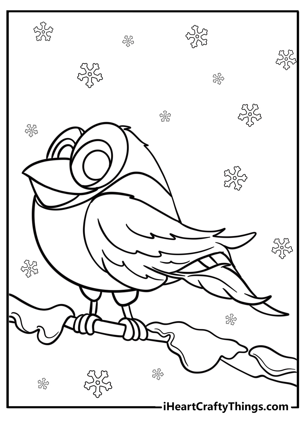 Winter birds on a snowy branch detailed coloring sheet