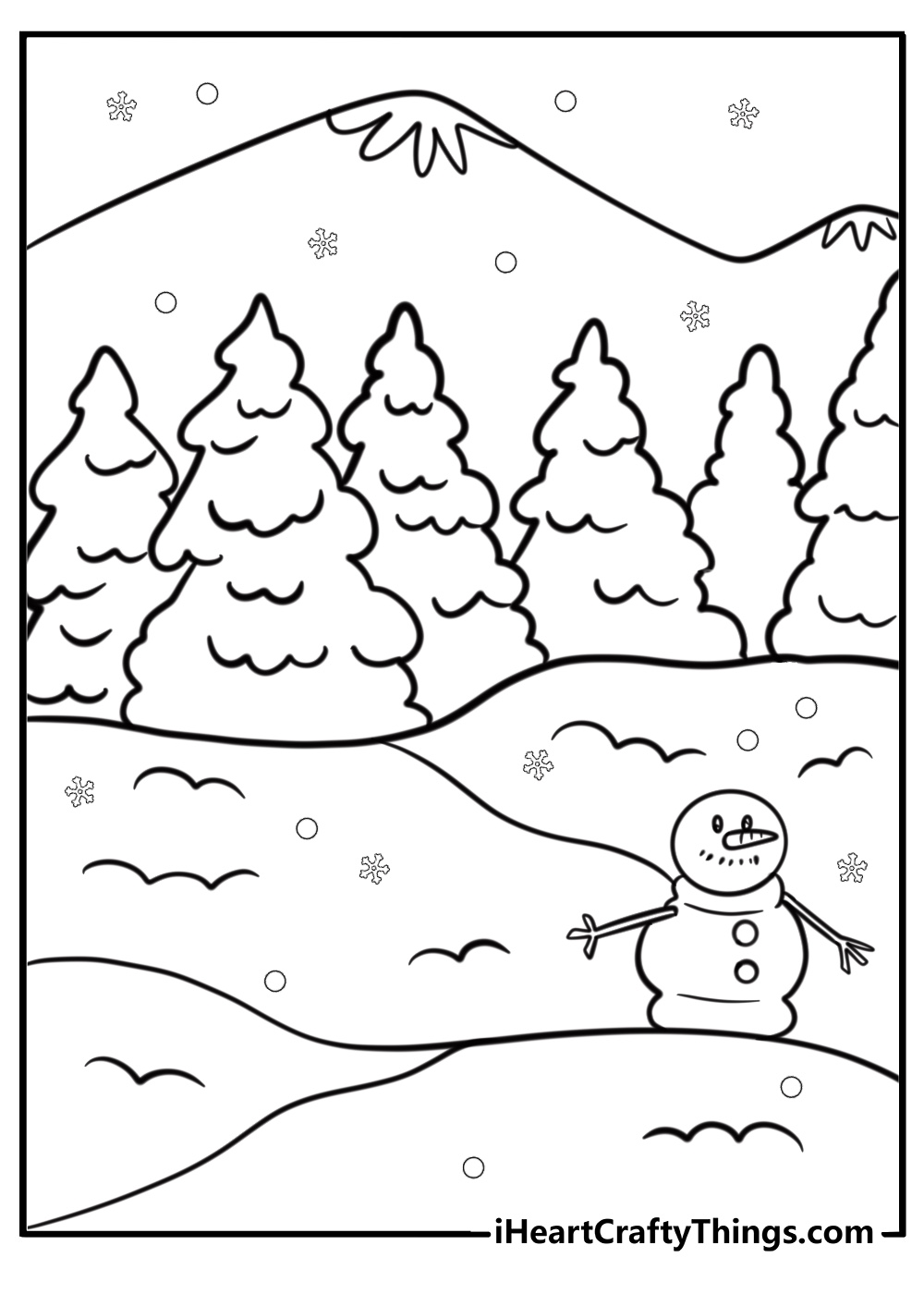 Winter forest with snowy trees coloring sheet