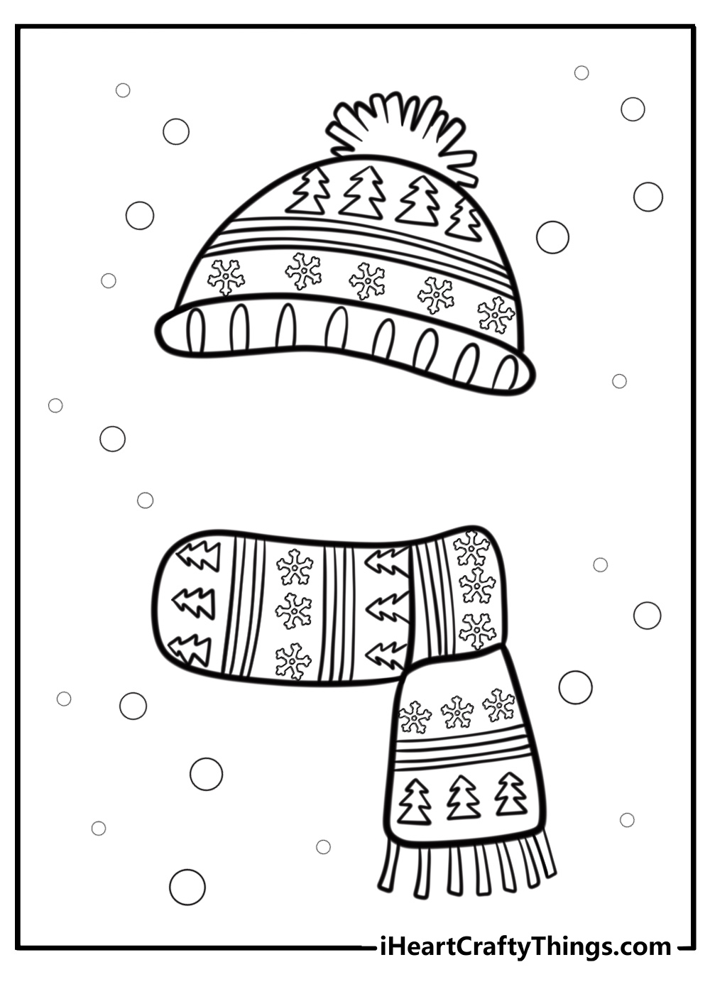 Winter hat and scarf with snowflake designs free coloring page