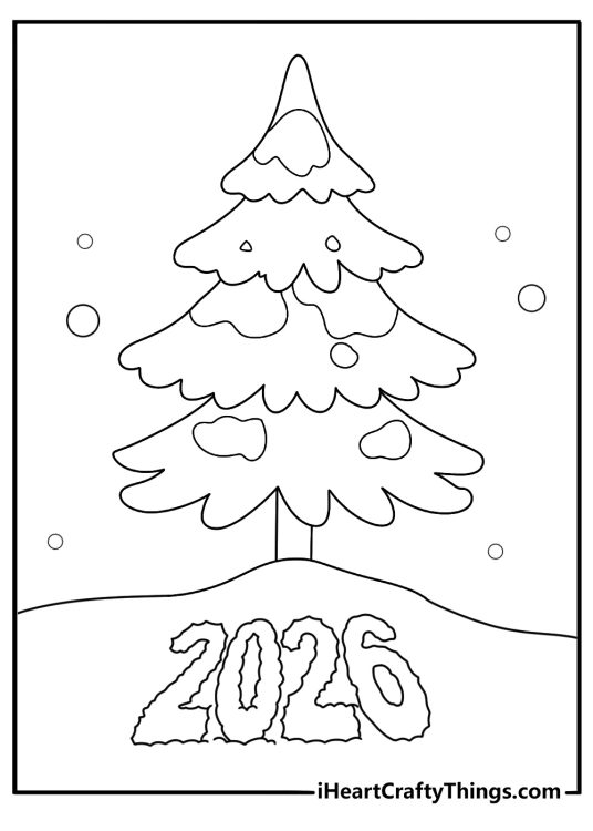 winter scene with 2026 carved in snow beside pine trees printable new years coloring page for kids