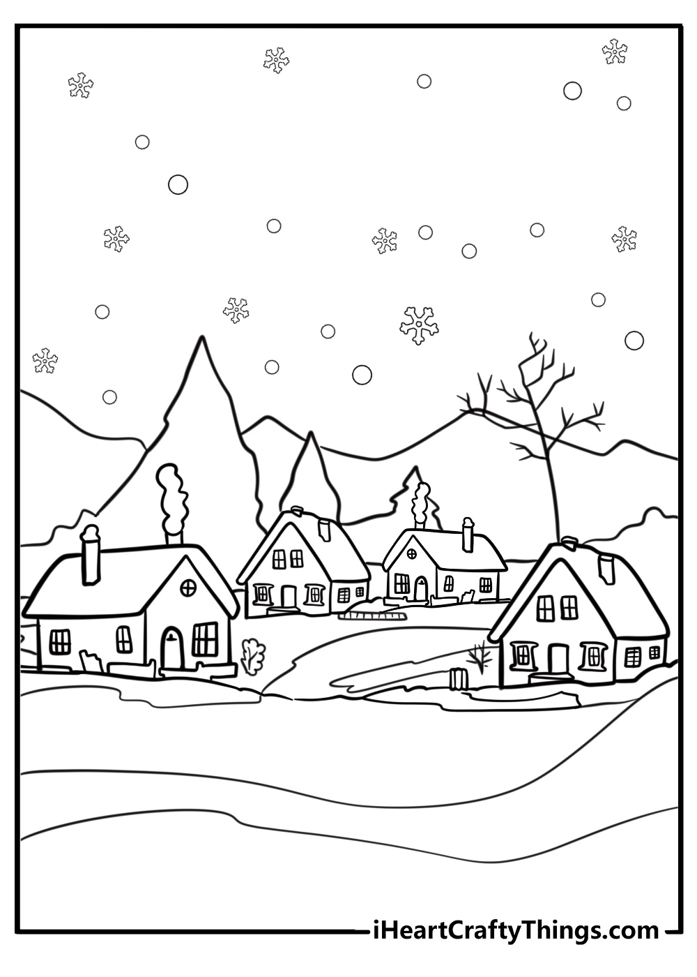 Winter village with snow covered rooftops fun coloring sheet