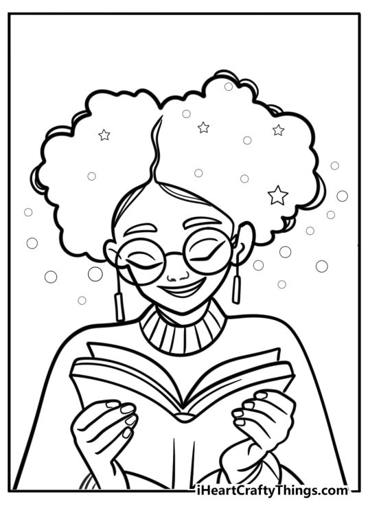 Young black girl reading a book free coloring page pdf