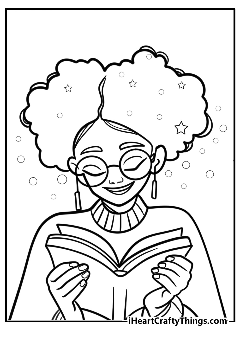 Young black girl reading a book free coloring page pdf