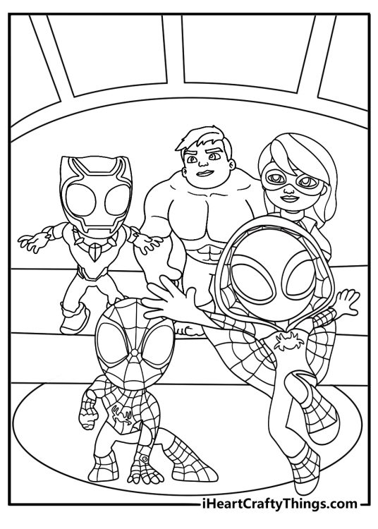 A Team Spidey headquarters scene makes this detailed superhero printable