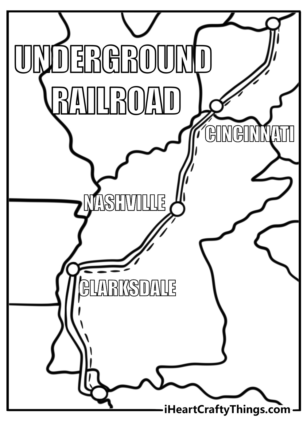 A map showing the path of the underground railroad detailed coloring sheet