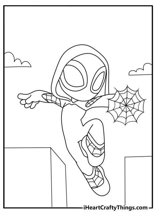 A simple superhero coloring sheet shows Ghost Spider using a web shield