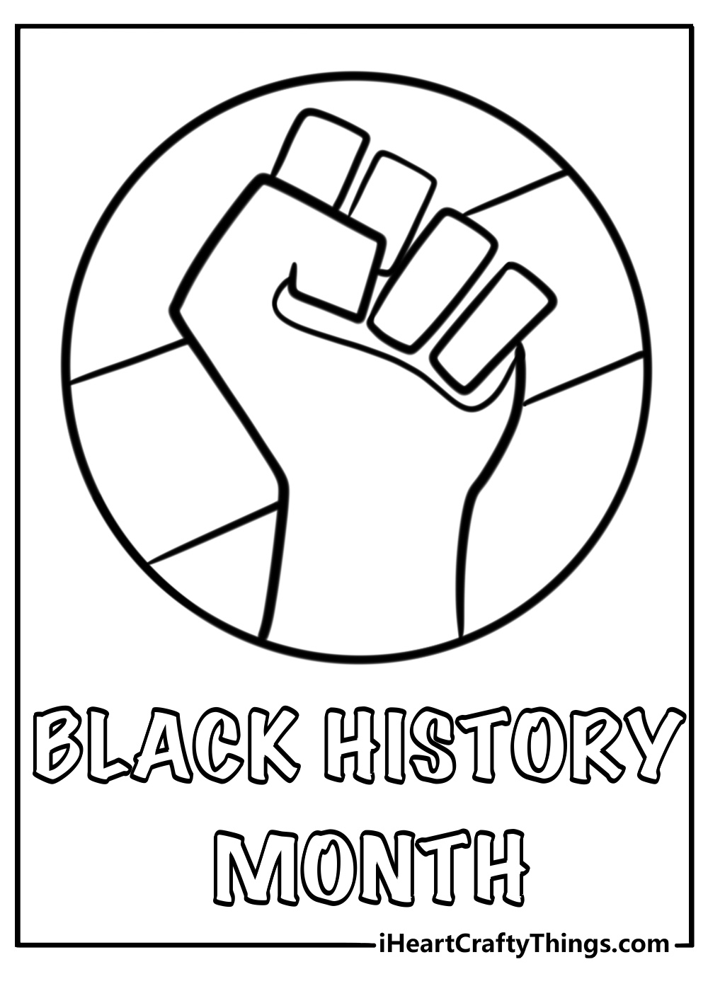 Black history month symbols including fists of unity coloring page for kids