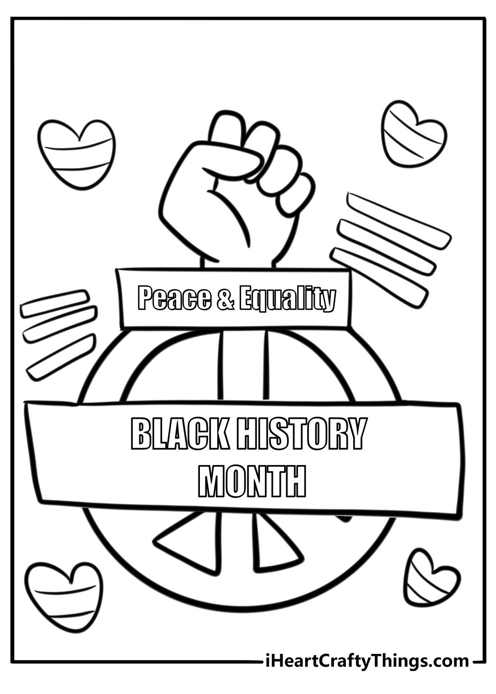 Black history month symbols of peace and equality free coloring page pdf