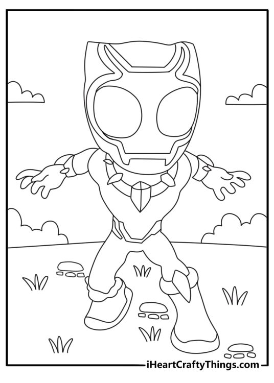 Black Panther follows paw prints through a park in this simple coloring page