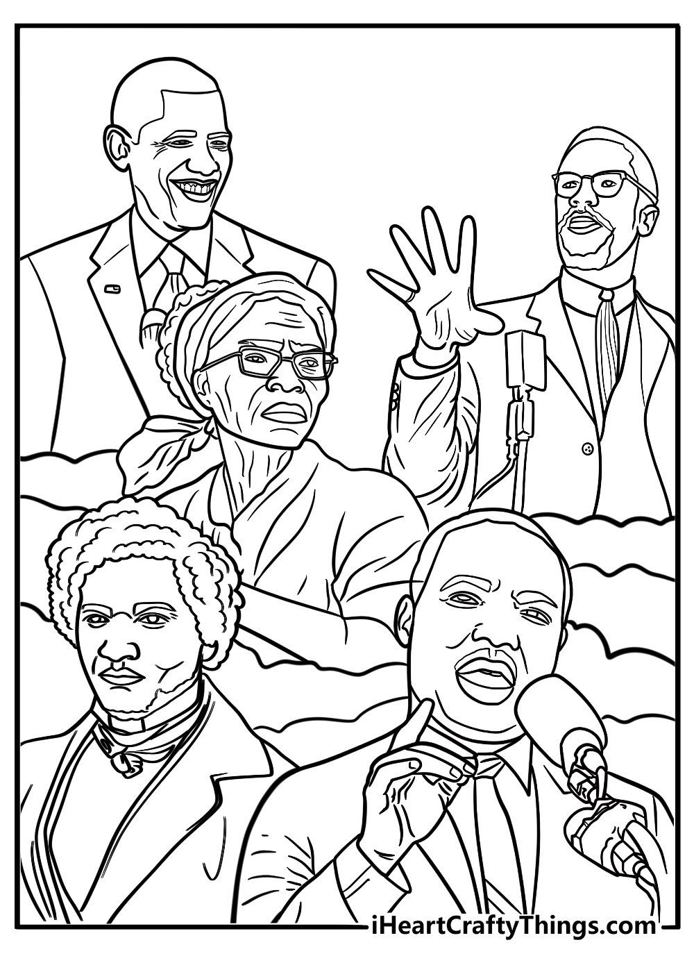 Black leaders from history united together detailed coloring sheet