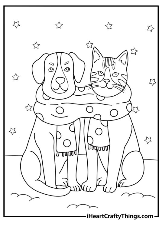 Cat and dog under a shared scarf cozy coloring printable for kids