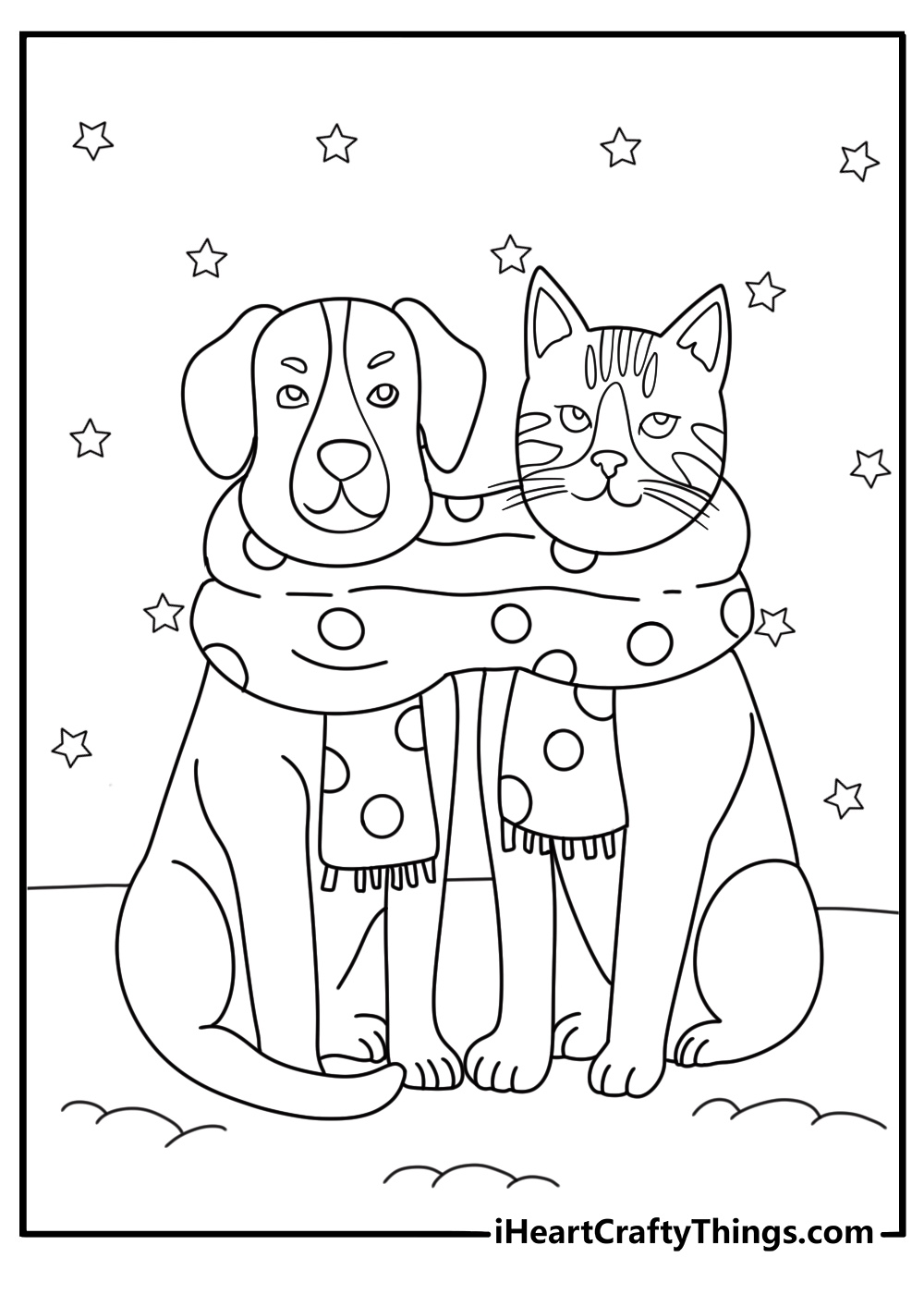 Cat and dog under a shared scarf cozy coloring printable for kids