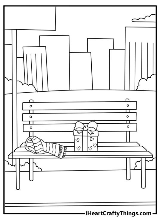 City park bench with scarf and gift bag winter valentines coloring page printable