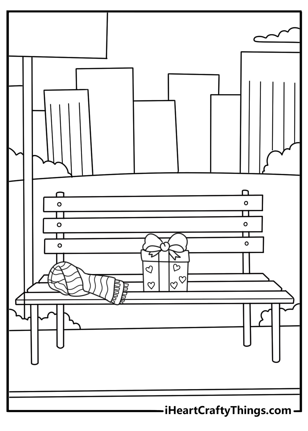 City park bench with scarf and gift bag winter valentines coloring page printable