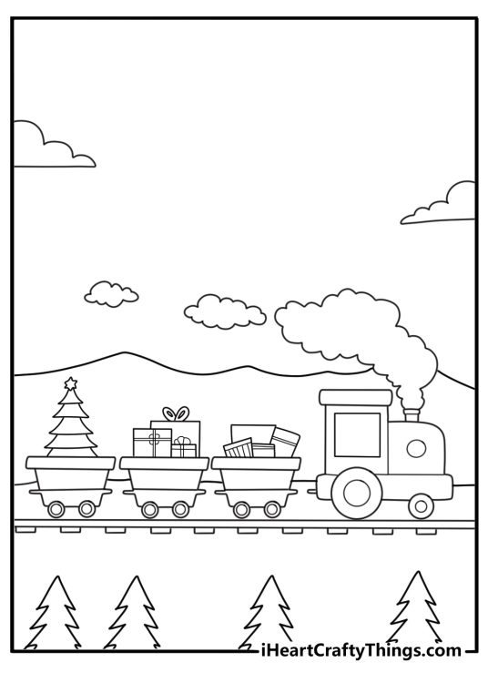 Cozy train car with Christmas tree easy coloring page pdf