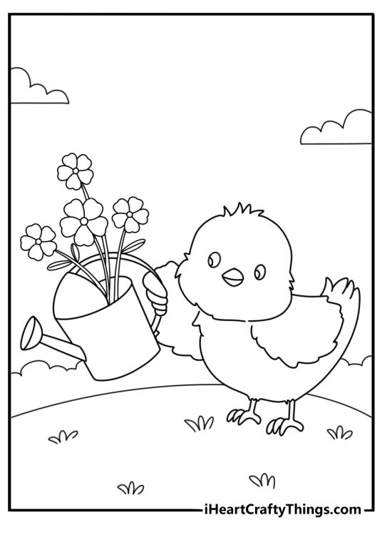Cute Easter coloring printable with chick exploring watering can filled with flowers