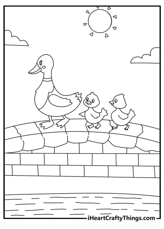 Cute Easter coloring printable with duck family walking across small bridge over pond