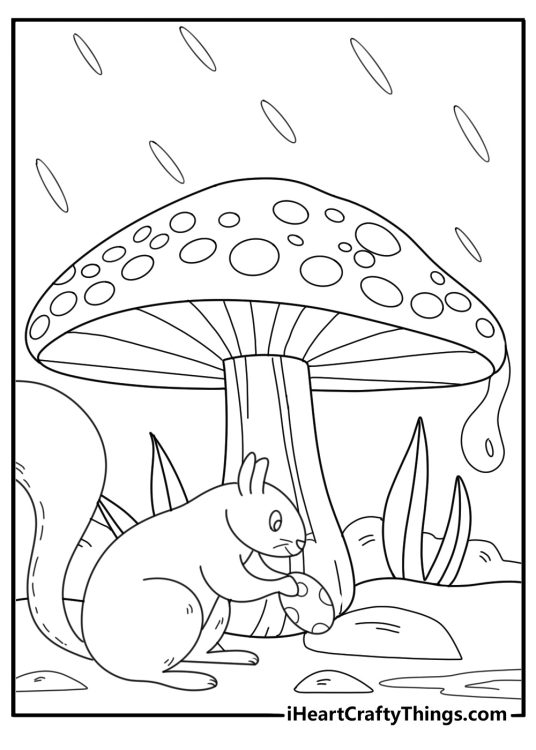 Cute Easter coloring sheet with squirrel hiding eggs near mushroom patch
