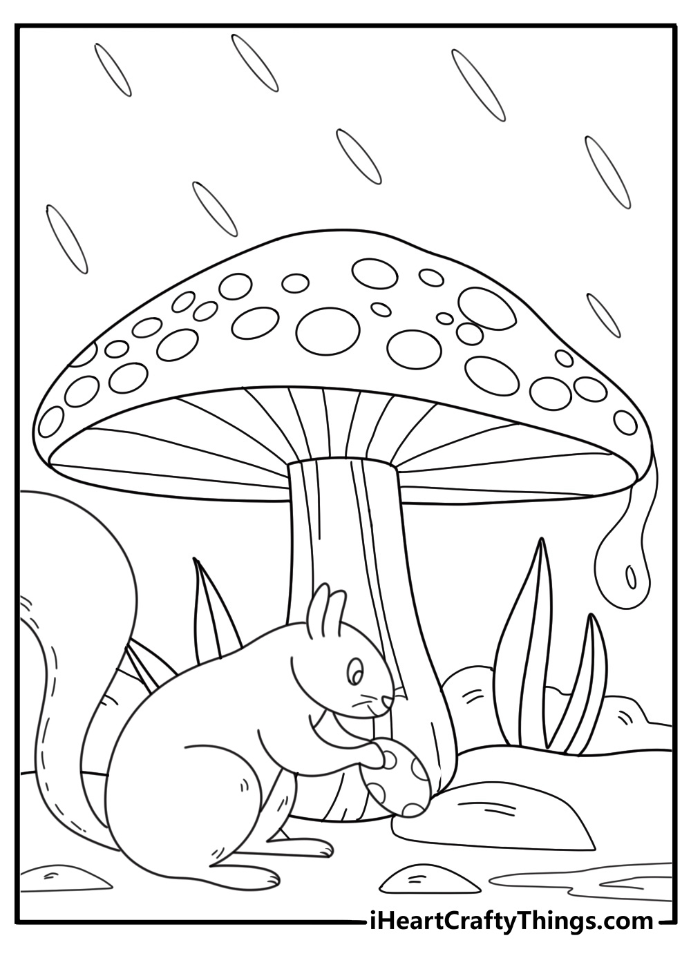 Cute Easter coloring sheet with squirrel hiding eggs near mushroom patch