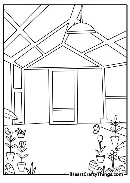 Detailed Easter coloring page with greenhouse filled with flowers and hidden eggs