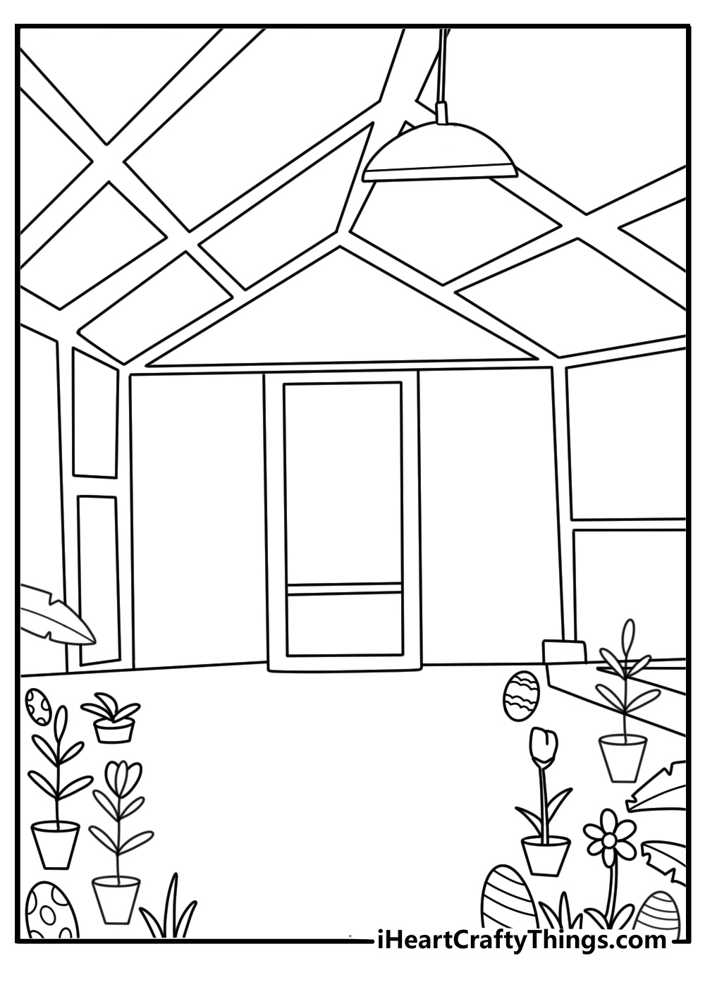 Detailed Easter coloring page with greenhouse filled with flowers and hidden eggs