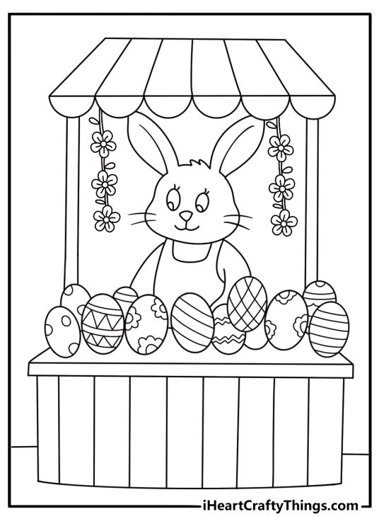 Detailed Easter coloring page with spring market stall selling flowers and eggs