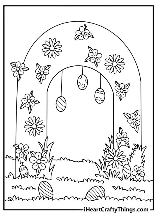 Detailed Easter coloring printable with floral arch decorated with hanging eggs