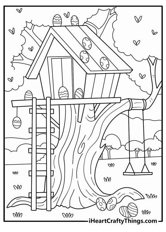 Easter coloring page showing farmer collecting eggs from chicken coop