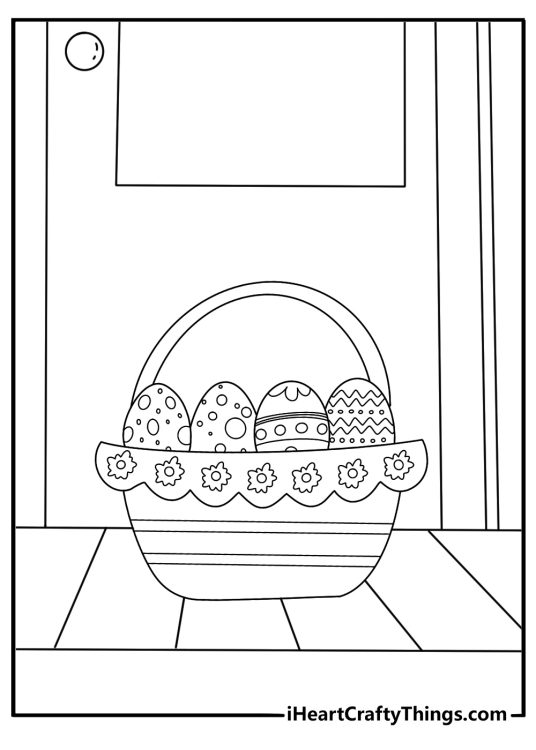 Easter coloring page showing farmhouse porch with basket of dyed eggs on chair
