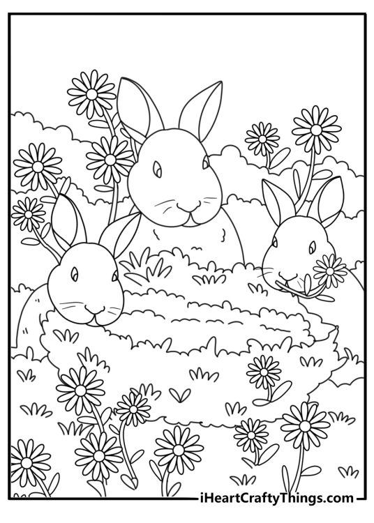 Easter coloring page showing rabbit family building nest with twigs and flowers