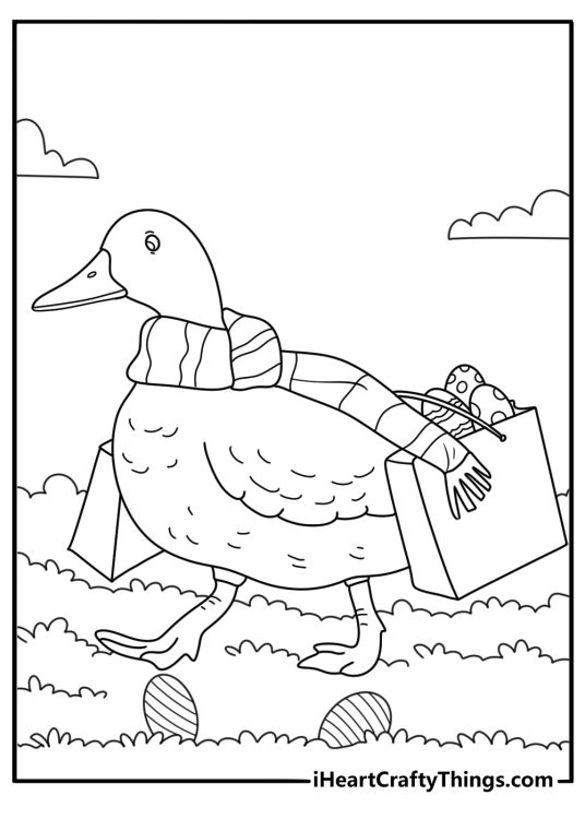 Easter coloring page with duck carrying egg in small garden path scene