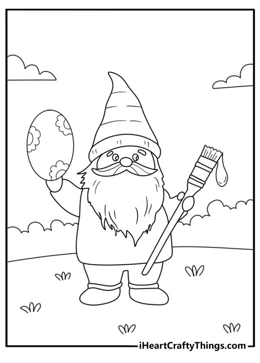 Easter coloring page with garden gnome painting patterns on large egg