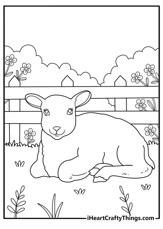 Easter coloring page with lamb resting near wooden fence and spring flowers