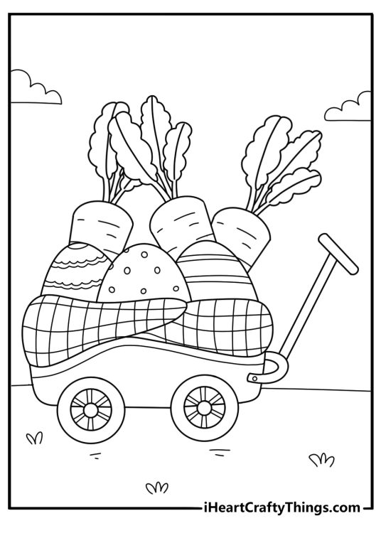 Easter coloring page with small wooden cart filled with carrots and hidden eggs