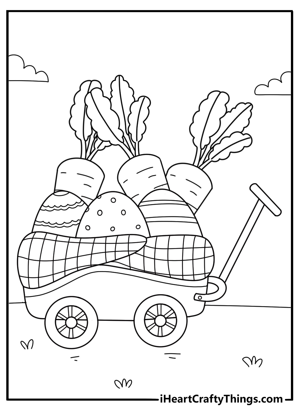 Easter coloring page with small wooden cart filled with carrots and hidden eggs