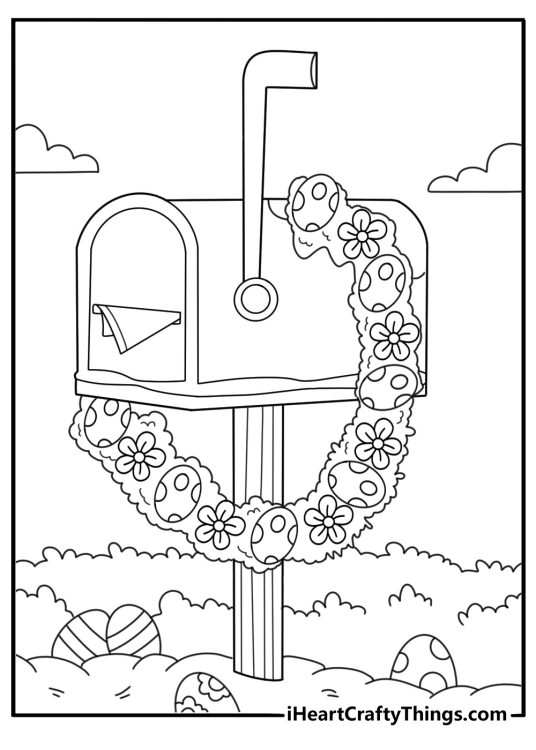 Easy Easter coloring page with mailbox decorated with eggs and spring wreath