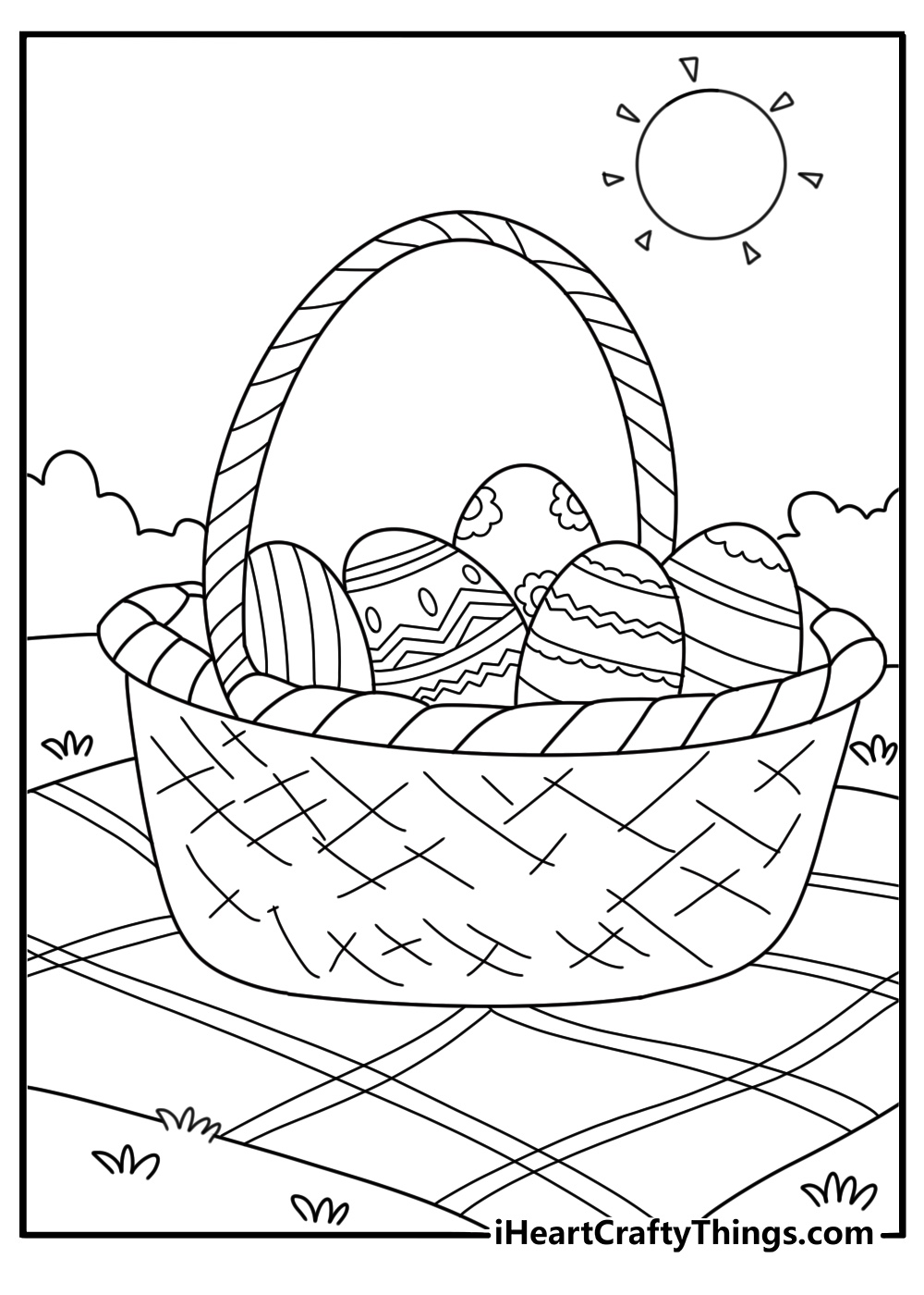 Easy Easter coloring page with spring picnic blanket and basket of dyed eggs